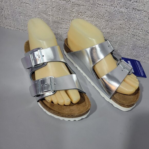 Birkenstock Arizona Soft Womens Size US 5 Silver Finish Birko-Flor Slide Sandal - Picture 9 of 15